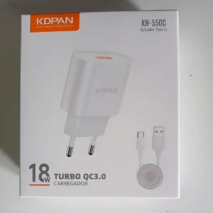 Carregador Rápido Turbo 18W QC 3.0 + Cabo Tipo-C | KDPAN KN-550C