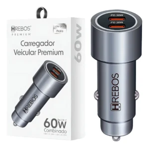 Kit Carregador Veicular HREBOS PREMUIM CRV-203CC Prata 60w Fluxion Charge | Type-C